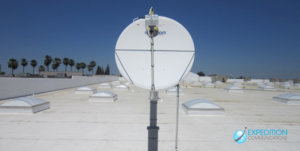 Satellite dish on roof with sunlights